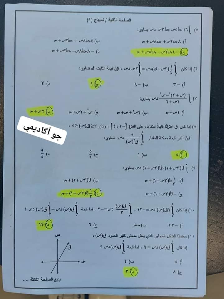 بالصور اجابات اسئلة امتحان الرياضيات للصف الثاني الثانوي العلمي الدورة الشتوية 2022